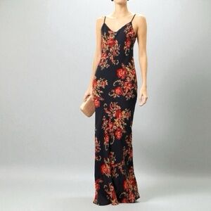 Reformation Black Maxi Dress with Red Floral Design - Size S